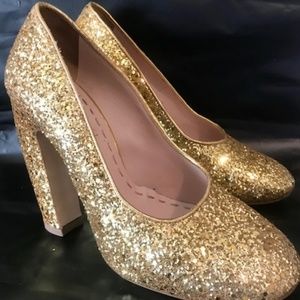 Miu Miu Curved Heel Gold Glitter Pumps